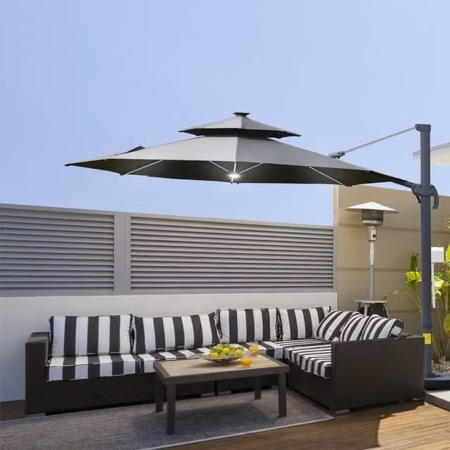 Outsunny 3m Cantilever Parasol with Solar Lights in Dark Grey