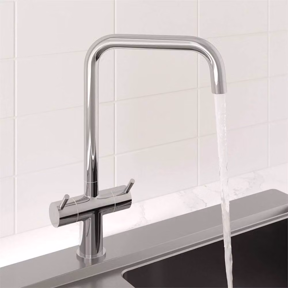 Nordara Mono Kitchen Sink Mixer Tap with Twin Lever Stick Handles and Swivel Spout in Silver Chrome – 2