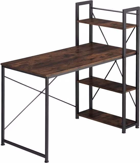 tectake Hershey Computer Desk with Integrated 3-Compartment Shelf in Brown
