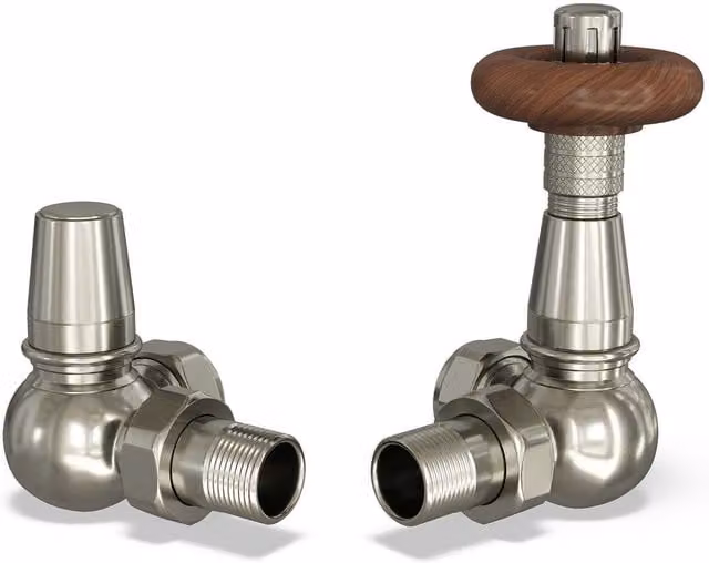Derry Traditional White Thermostatic Radiator Valve and Lockshield Angled Set in Silver Nickel