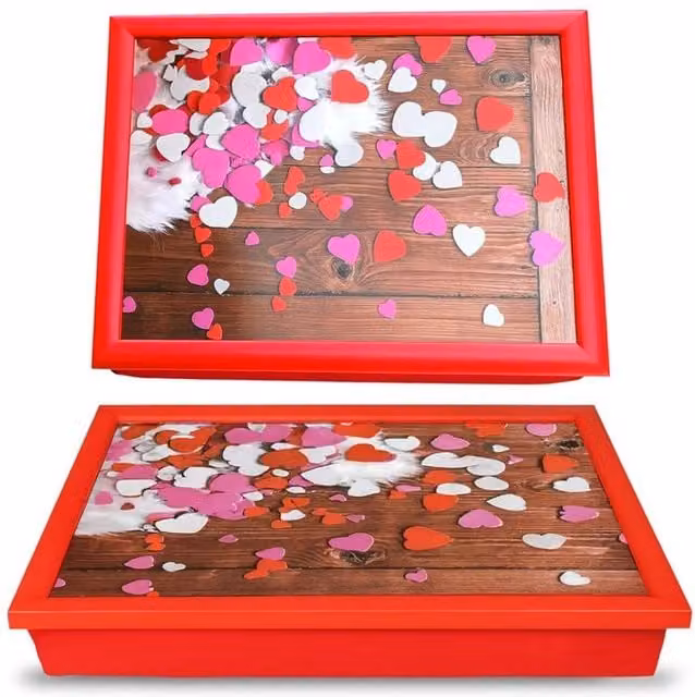 FLAVORA Red Floral Wooden Hearts Lap Tray with Soft Cushion Bed Sofa, W: 100 cm, D: 15 cm – 1