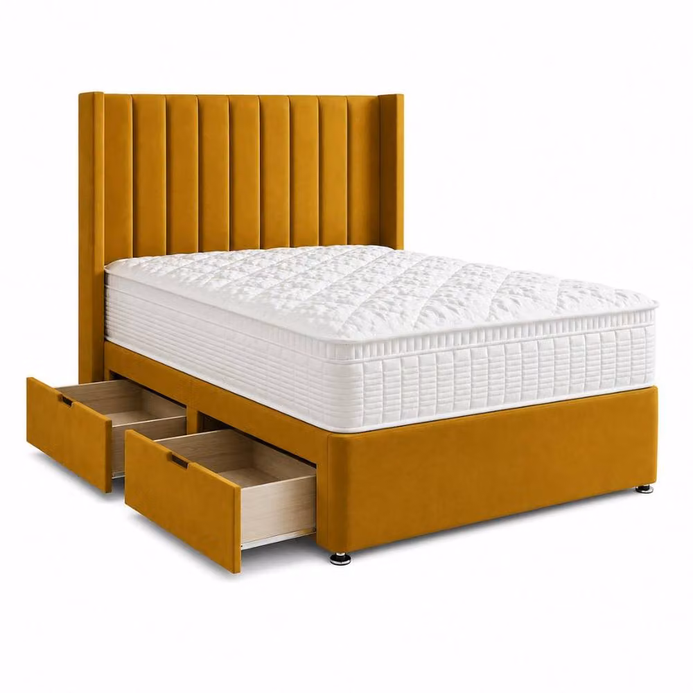 Stratus Interiors Oulton Wingback Divan Bed with Panel Headboard and 2 Drawers in Yellow, W/D/H: 120 x 200 x 35.56 cm – 2