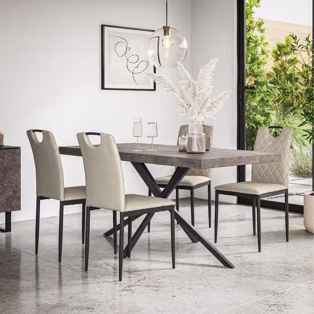 More4Homes Donni Dining Set with Concrete Effect Rectangular Table and 4 Monza Linen Chairs in Beige and Black, W/D/H: 160 x 80 x 76 cm