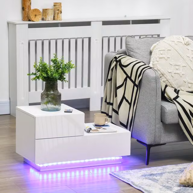 HOMCOM Modern White Glossy Bedside Table with Integrated RGB LED Light