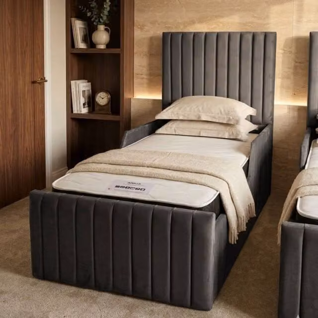 Stratus Interiors Leo Children's Single Bed Frame with Upholstered Velvet Panel Design in Grey – 1