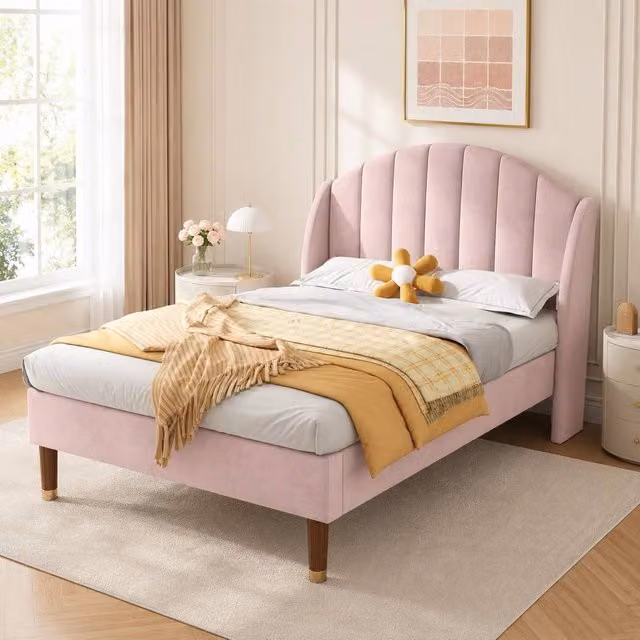 STILVORA Single Upholstered Velvet Bed in Pink, W/D/H: 90 x 190 cm – 1
