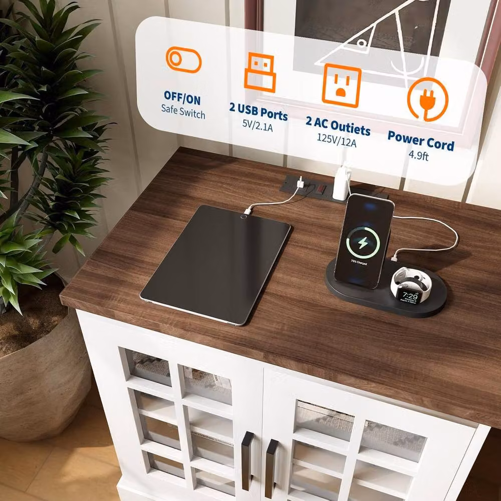 London Boutique White Wood Kitchen Sideboard Storage Cabinet with Charging Station – 6