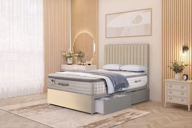 Somnior Eleanor Linen 2 Drawer Divan Bed Set with Pillowtop and 54 inch Headboard in Beige and Gold, W/D/H: 140 x 200 cm