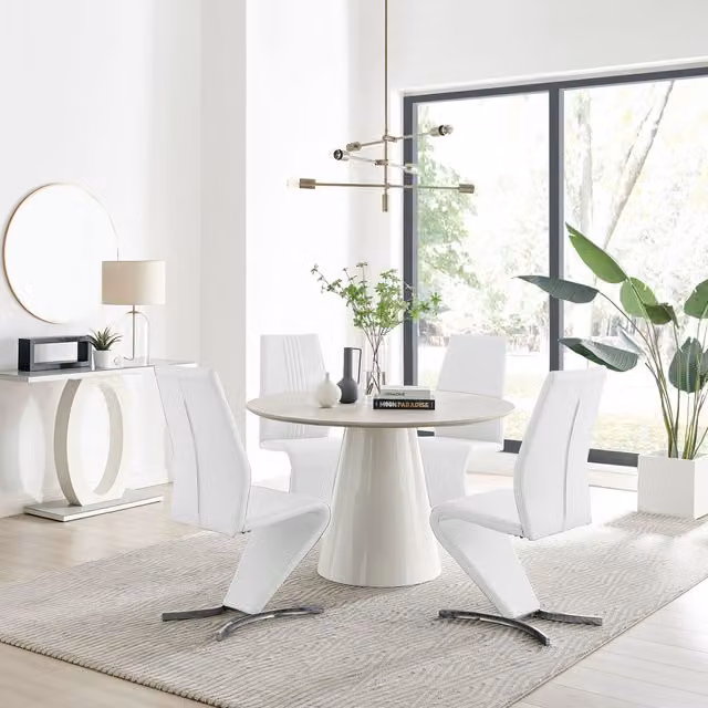 Furniturebox Palma Beige Stone Effect Round Dining Table and 4 Willow Chairs in White