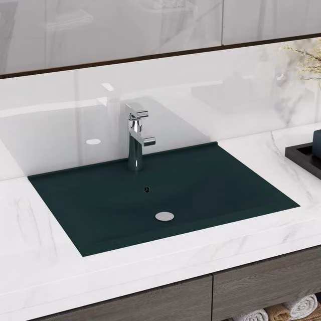 Berkfield Home Luxury Rectangular Ceramic Wall Hung Basin with Faucet Hole in Matt Dark Green, W: 60 cm, D: 46 cm, H: 16 cm