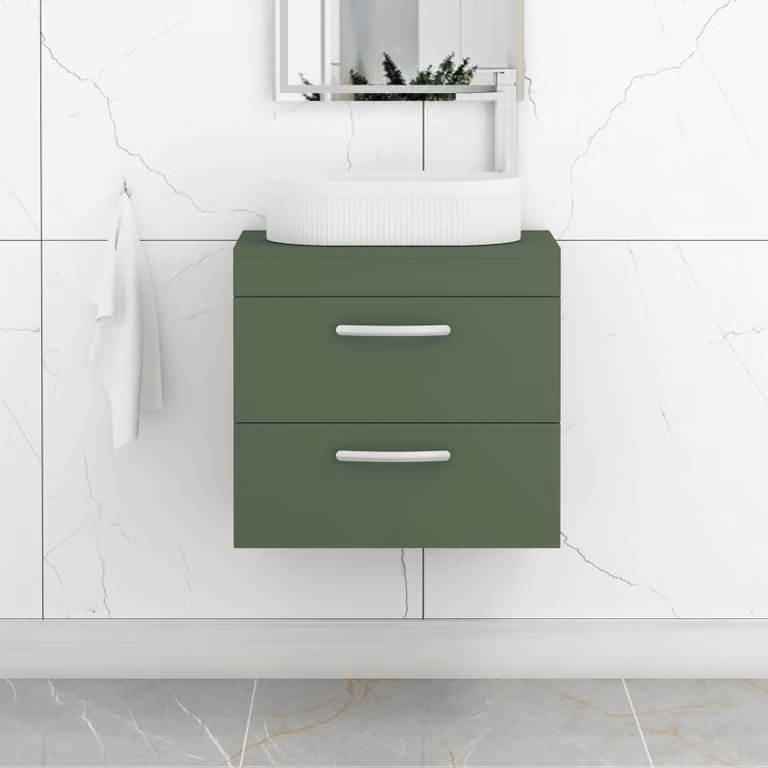 Royal Bathrooms Turin 800mm Wall Hung Vanity Unit with 2 Drawers and Lyon Countertop Basin in Matt Green