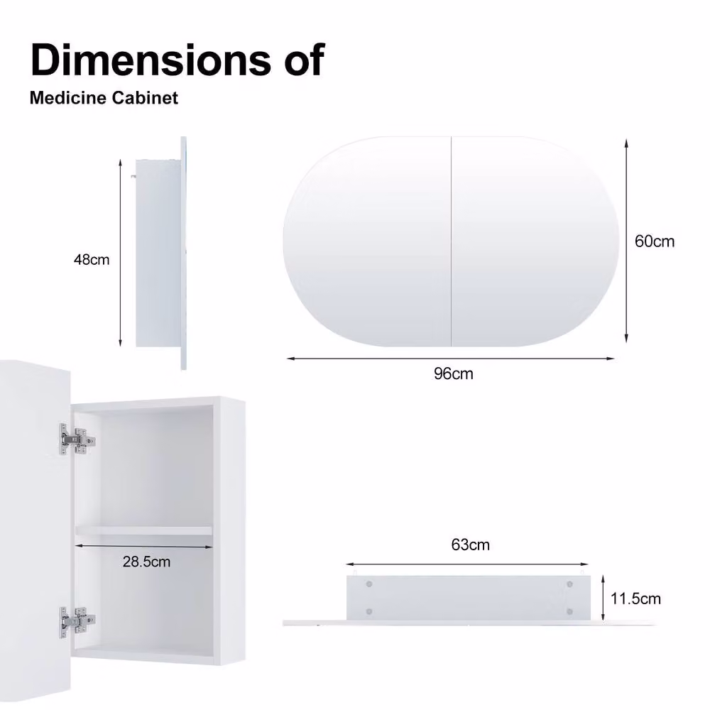 KEEPREAPER Oval Wall Mounted Bathroom Mirror Cabinet with 2 Folding Doors in White, W/D/H: 60.96 x 11.43 x 96.52 cm – 2