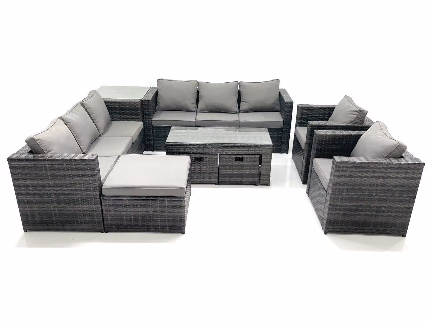 Fimous Rattan Garden Furniture Set in Dark Grey with Coffee Table, Armchair, Side Table and 3 Footstools – 2