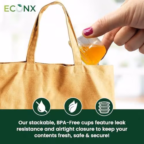 ECONX 100 Pack Reusable Plastic Portion Pots with Airtight Lids, 2oz Transparent Leakproof Sauce and Dip Containers – 5