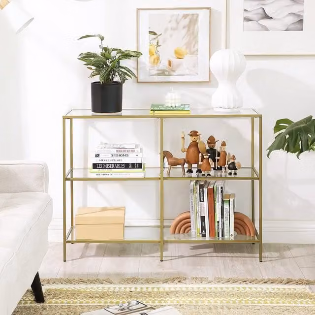 The Bazaarist Modern 3-Tier Rectangular Glass Console Table with Metal Frame in Gold, W/D/H: 73 x 30 x 30 cm
