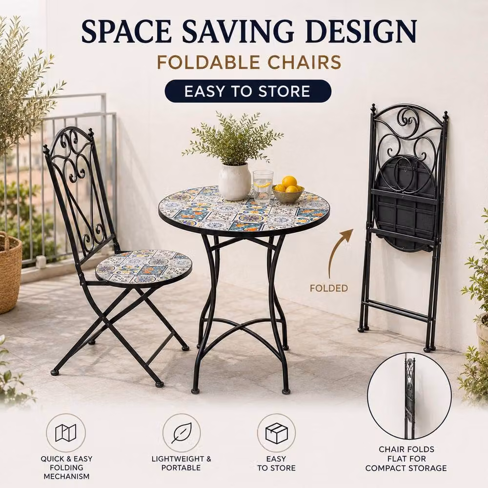 Shatchi Mediterranean Mosaic Bistro Set with Round Ceramic Table and 2 Folding Metal Chairs in Multicolour – 2