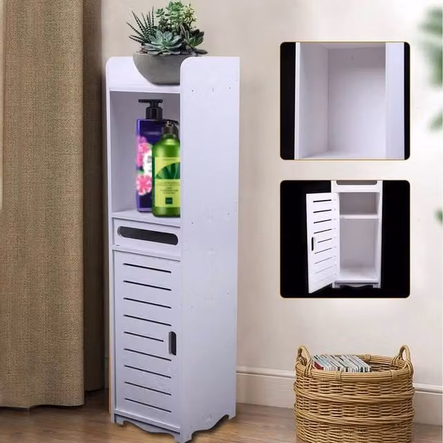 EONLION White Freestanding Narrow Bathroom Cabinet Set with Adjustable Internal Shelves and Hinged Doors