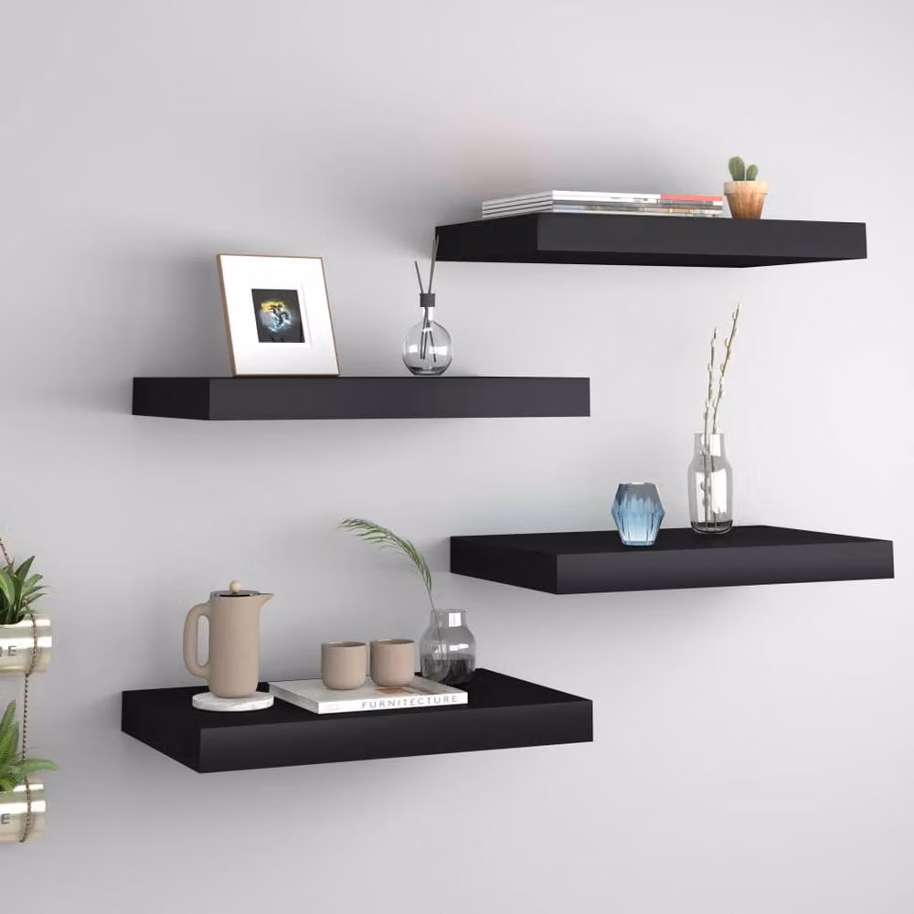Berkfield Home Set of 4 Durable Floating Wall Shelves in Black MDF and Metal, W/D/H: 40 x 23 x 3.8 cm – 2