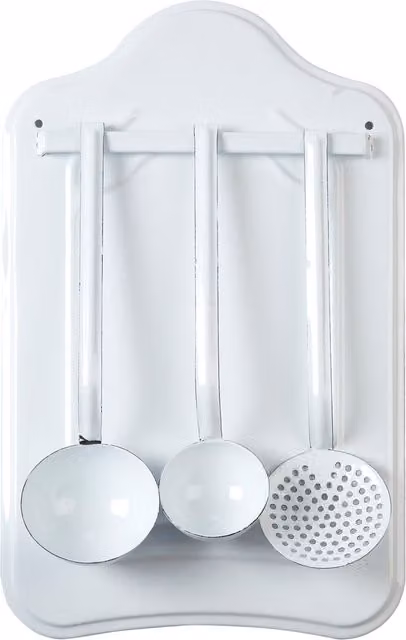Orsina Enamelled Carbon Steel Utensil Set in Grey and White with Wall-Mounted Stand