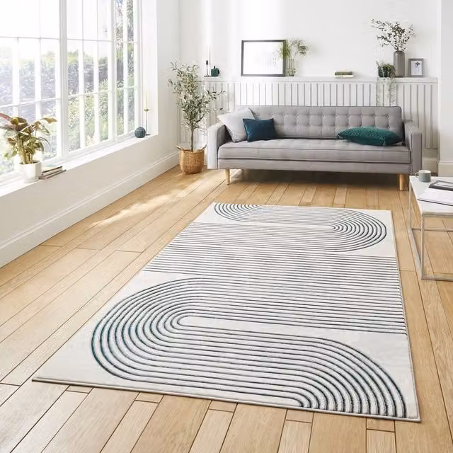 Terrys Modern Striped Rectangular Living Room Rug in Grey and Green