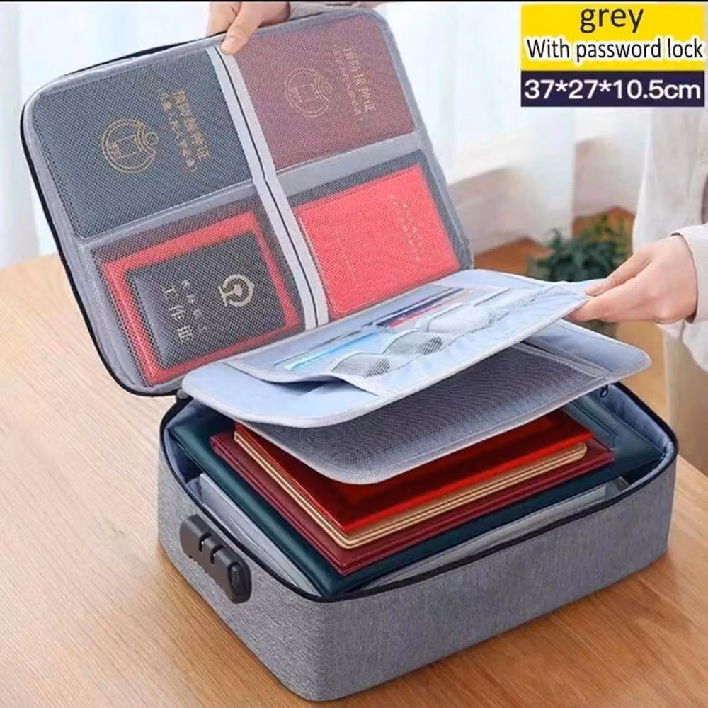 PAWNORA Fireproof and Waterproof Document Box with Lock, Grey Fabric File Storage Organiser, W: 100 cm, D: 100 cm, H: 1 cm – 2