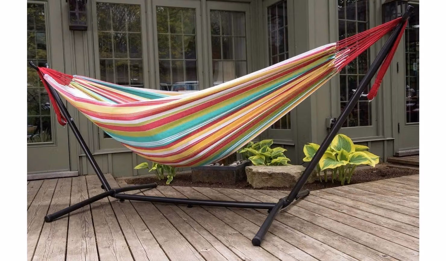 Vivere Salsa Double Hammock with Powder Coated Steel Stand, Multicolour Striped Cotton Fabric, 200kg Capacity