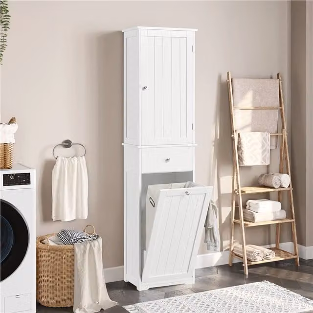 Yaheetech Modern Freestanding White MDF Laundry Hamper with Hinged Doors and Internal Storage Shelves and Drawers