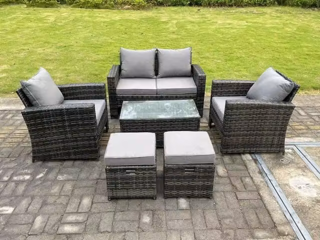 Fimous 6 Seater Dark Grey High Back Rattan Garden Furniture Set with Rectangular Coffee Table and 2 Stools