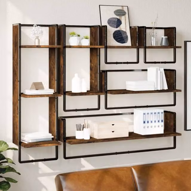 Berkfield Home 6 Piece Wall Mounted Industrial Shelf Set with Hanging Rods in Smoked Oak Brown