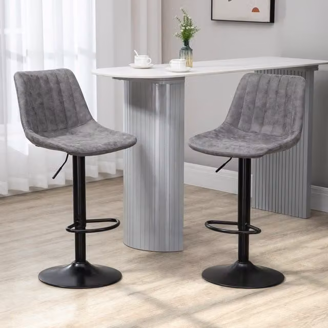 HOMCOM Set of 2 Grey Microfibre and Synthetic Leather Swivel Bar Stools with Metal Frame and Footrest