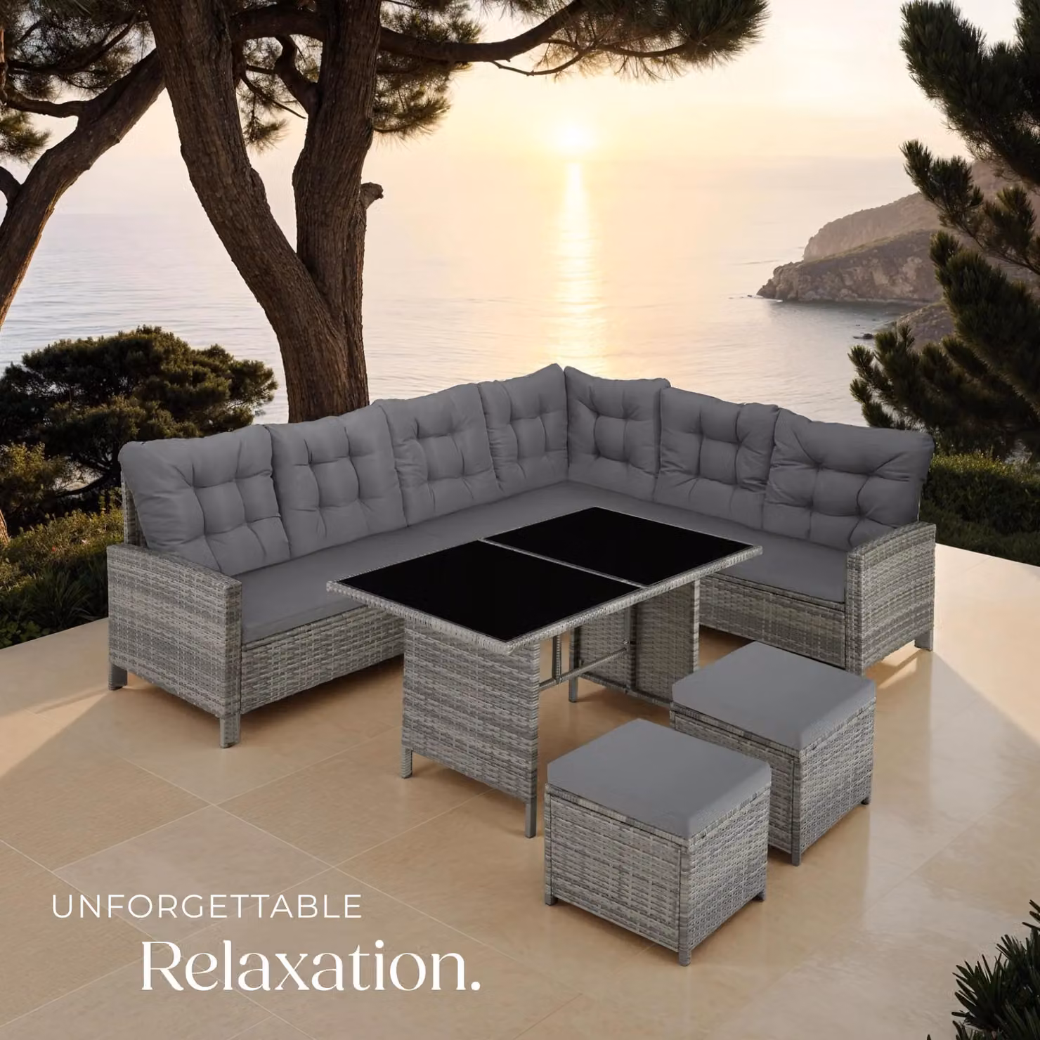 tectake 8 Seater L-Shape Garden Furniture Set in Grey with Upholstered Cushions, Ottoman and Coffee Table – 7