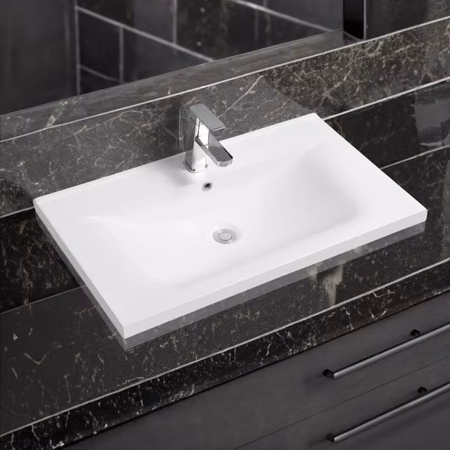 Limoge 5089 White Ceramic Thin-Edge Inset Countertop Basin with Dipped Bowl W: 80 cm, D: 45 cm