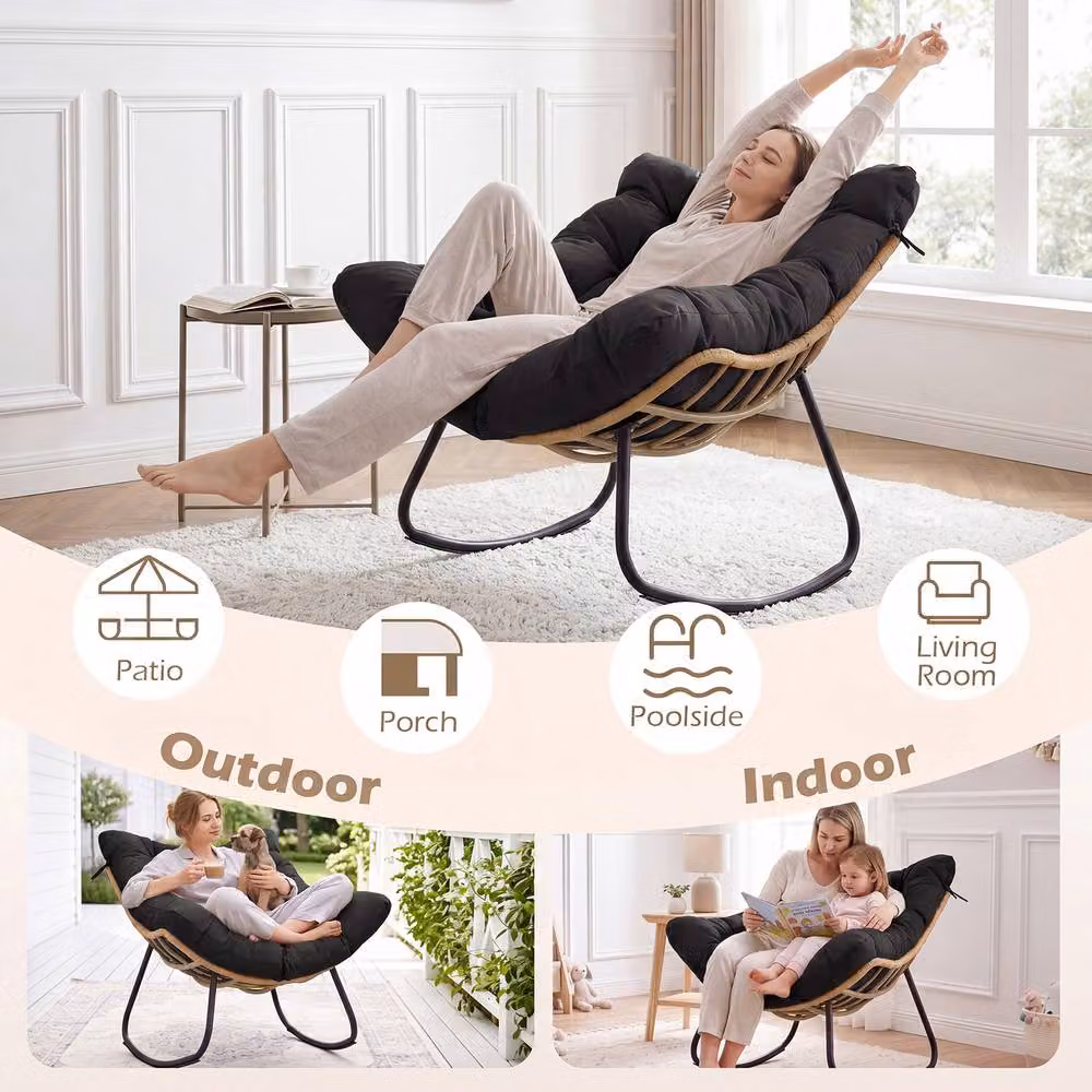 Costway Oversized PE Wicker Outdoor Rocking Egg Chair with Cushion in Black – 7