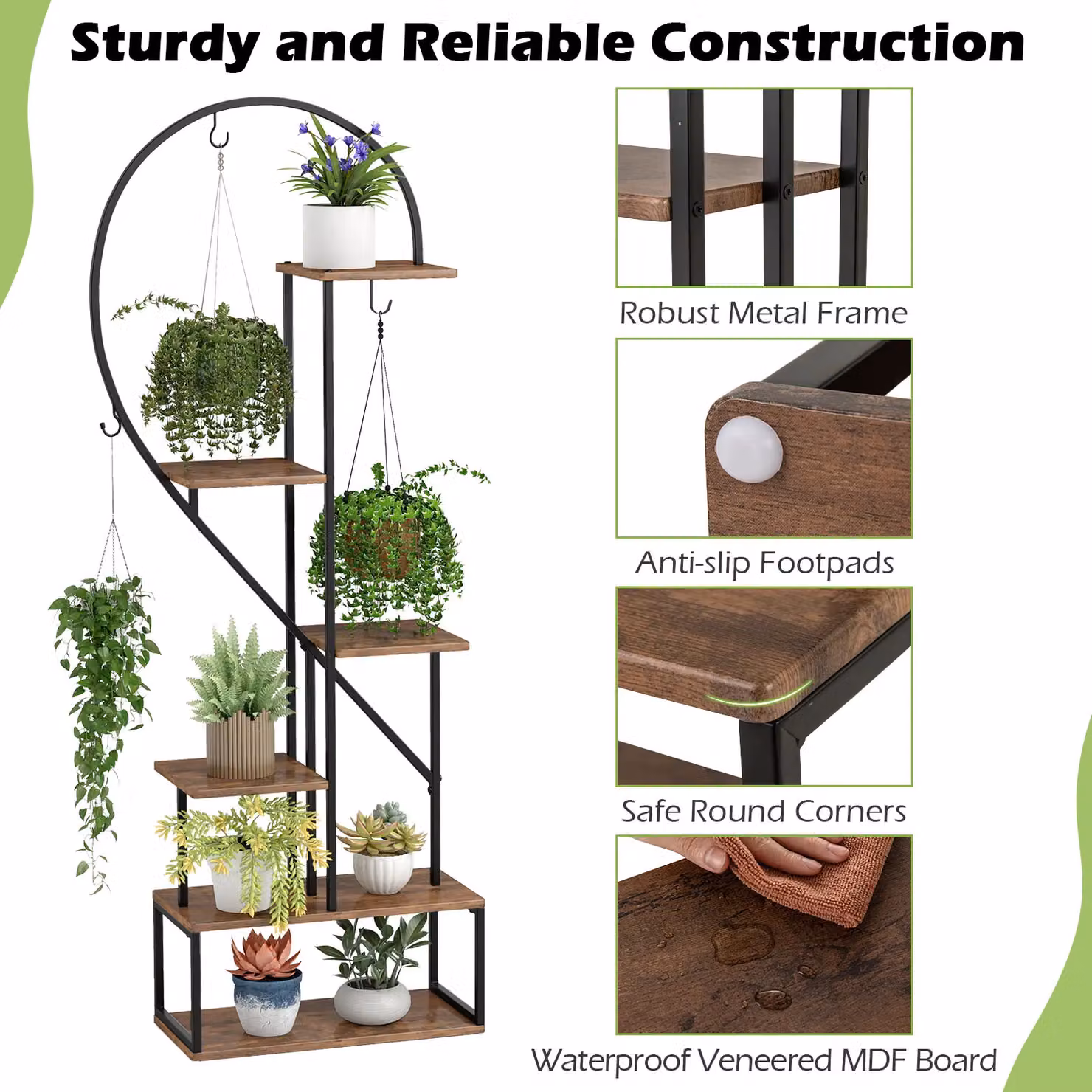 Costway 2 Pack 6-Tier Metal and Wood Heart-Shape Ladder Plant Shelves in Brown – 5