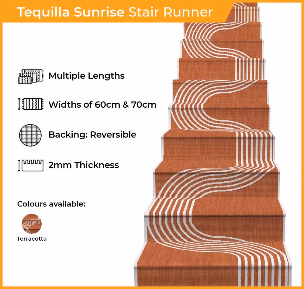 runrug Tequila Sunrise Stair Runner Carpet in Terracotta, W: 60 cm x L: 630 cm – 2