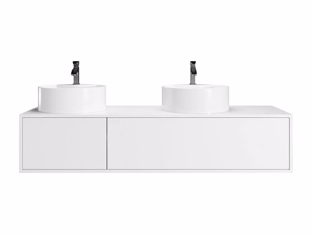 Vente-unique White Glossy Wall-Mounted Bathroom Vanity Unit with Double Round Stone Countertop, W: 150 cm, D: 47 cm, H: 32 cm – 2