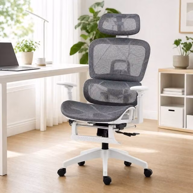 STILVORA Ergonomic Grey Mesh Office Chair with Headrest and Footrest
