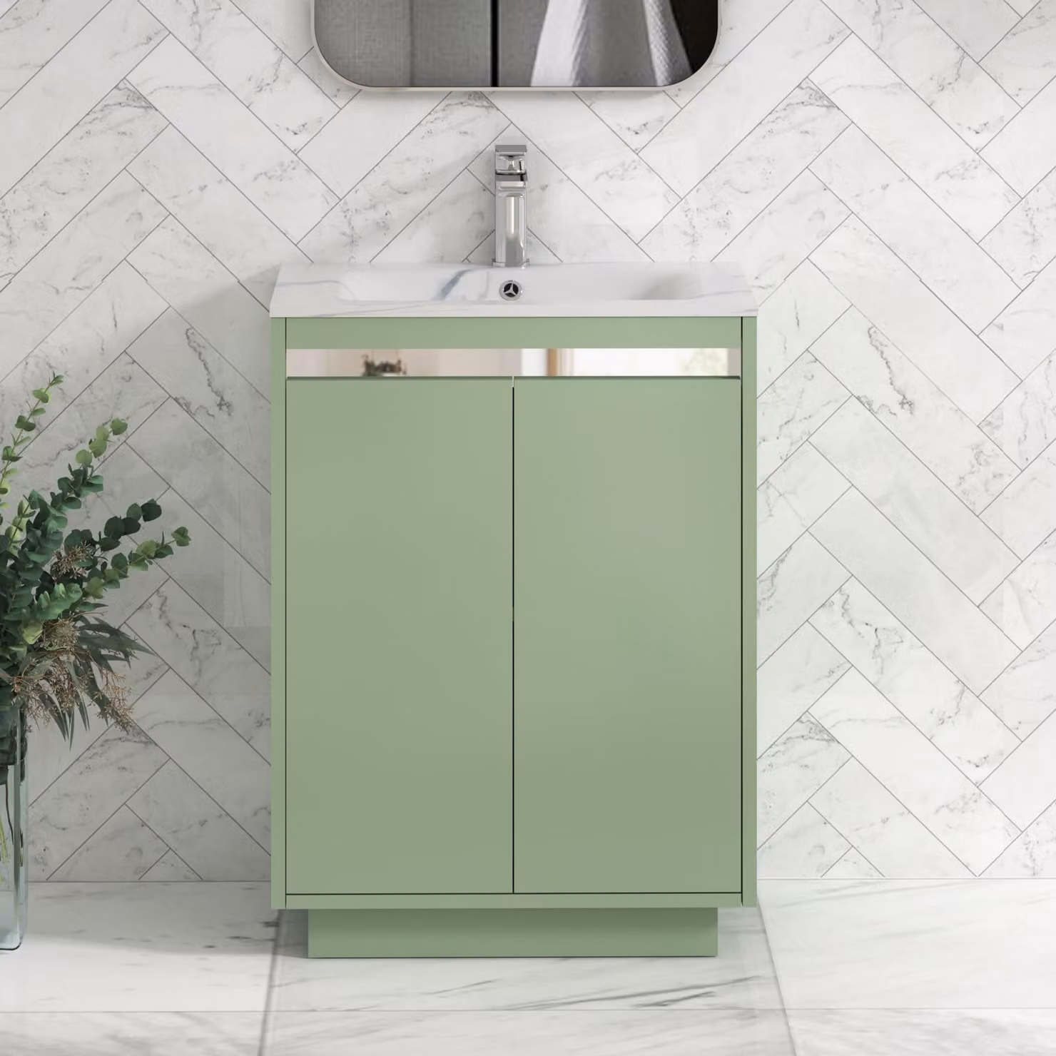 Royal Bathrooms Orion Floor Standing 2 Door Vanity Unit in Mint Sage with Carrara White Stone Basin