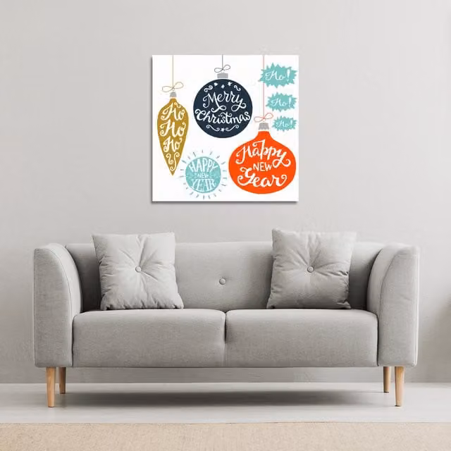 Benjamin Tate Design LTD Vintage Christmas Baubles With Merry Gallery Christmas Canvas Wall Art, White and Multicolour, W: 77 cm