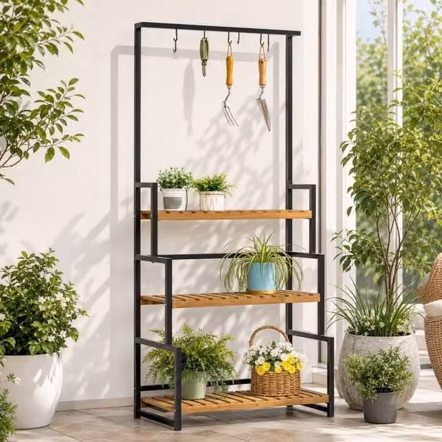 STILVORA 3 Tier Plant Stand with Hanging Hooks in Brown and Black, H x W x D: 174 x 80 x 36 cm