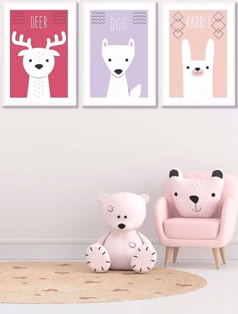 ARTZE Scandi Nursery Forest Animals Framed Wall Art in Pink, Lilac and White, W: 45 cm, H: 62 cm, D: 2 cm