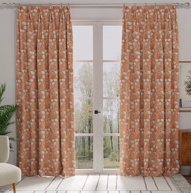 Terrys Orange Floral Blackout Cotton Fabric Panel Curtain with Pencil Pleat Tape