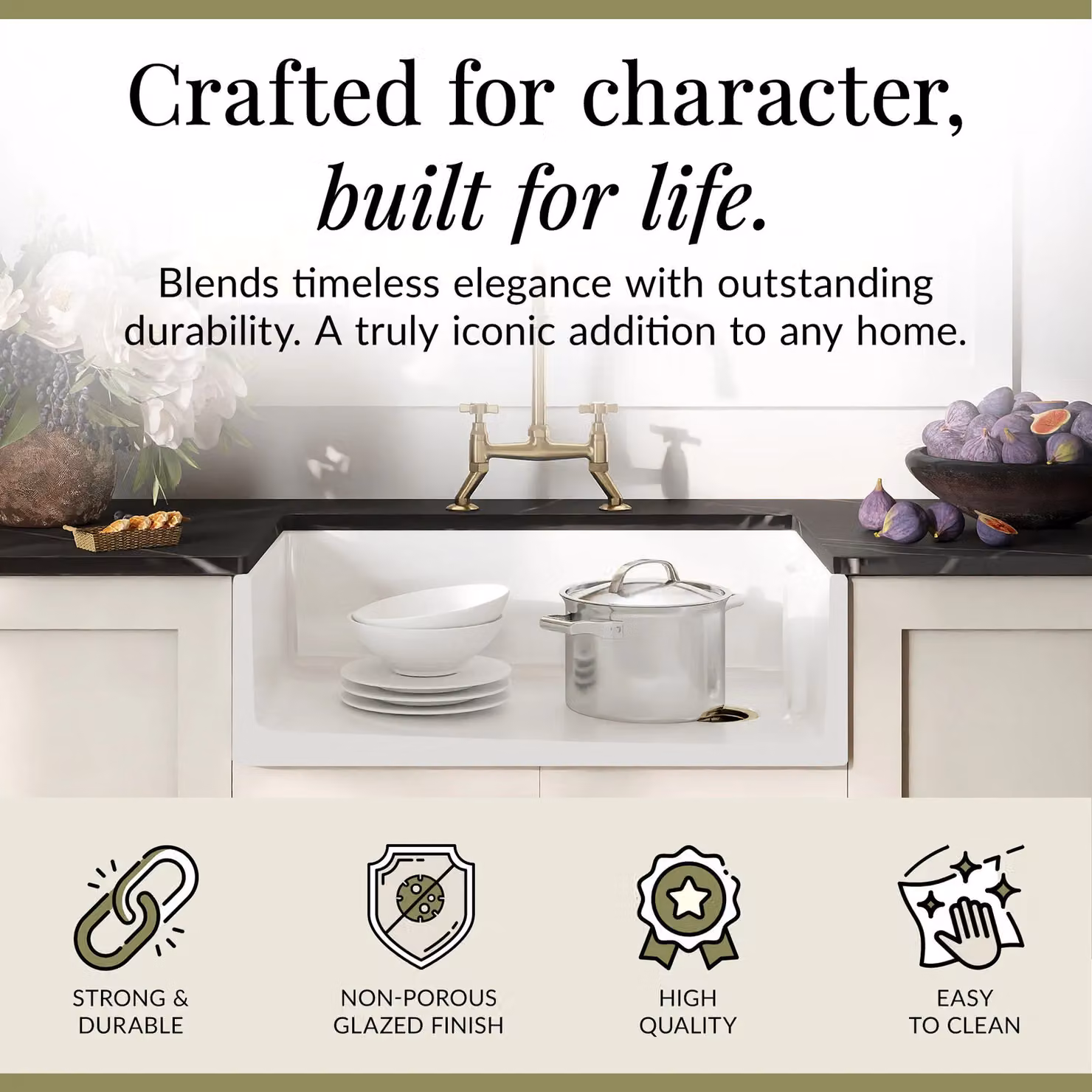 Balterley White Ceramic Single Bowl Belfast Kitchen Sink with Bridge Crosshead Mixer Tap and Waste in Brushed Brass, W: 79.5 cm, D: 45.5 cm, H: 24.5 cm – 2