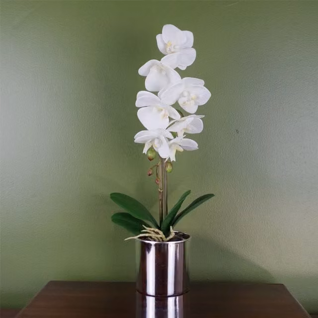 Botanik White Artificial Orchid in a Silver Pot, Height: 46 cm