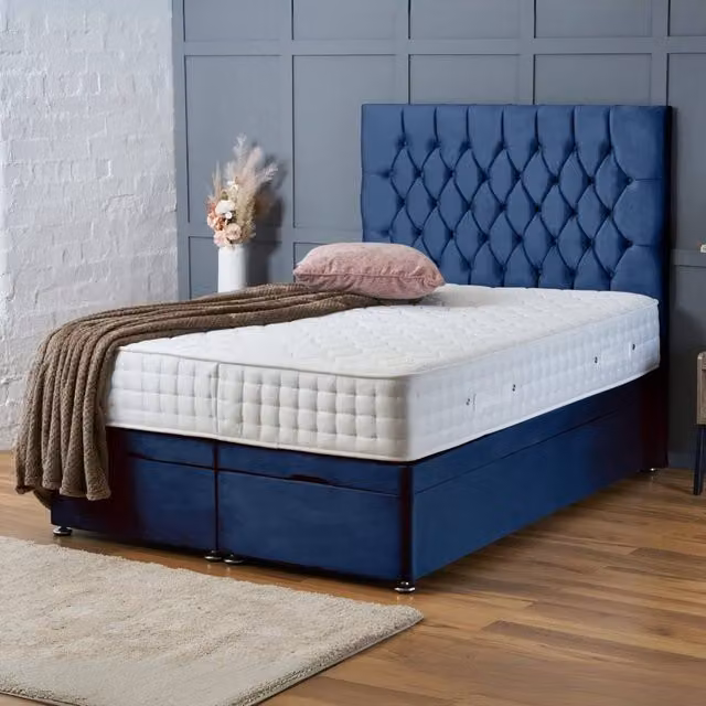 BSSPOKE Mia Ottoman Divan Bed in Blue Plush Velvet with 54 inch Headboard, W/D/H: 90 x 190 cm