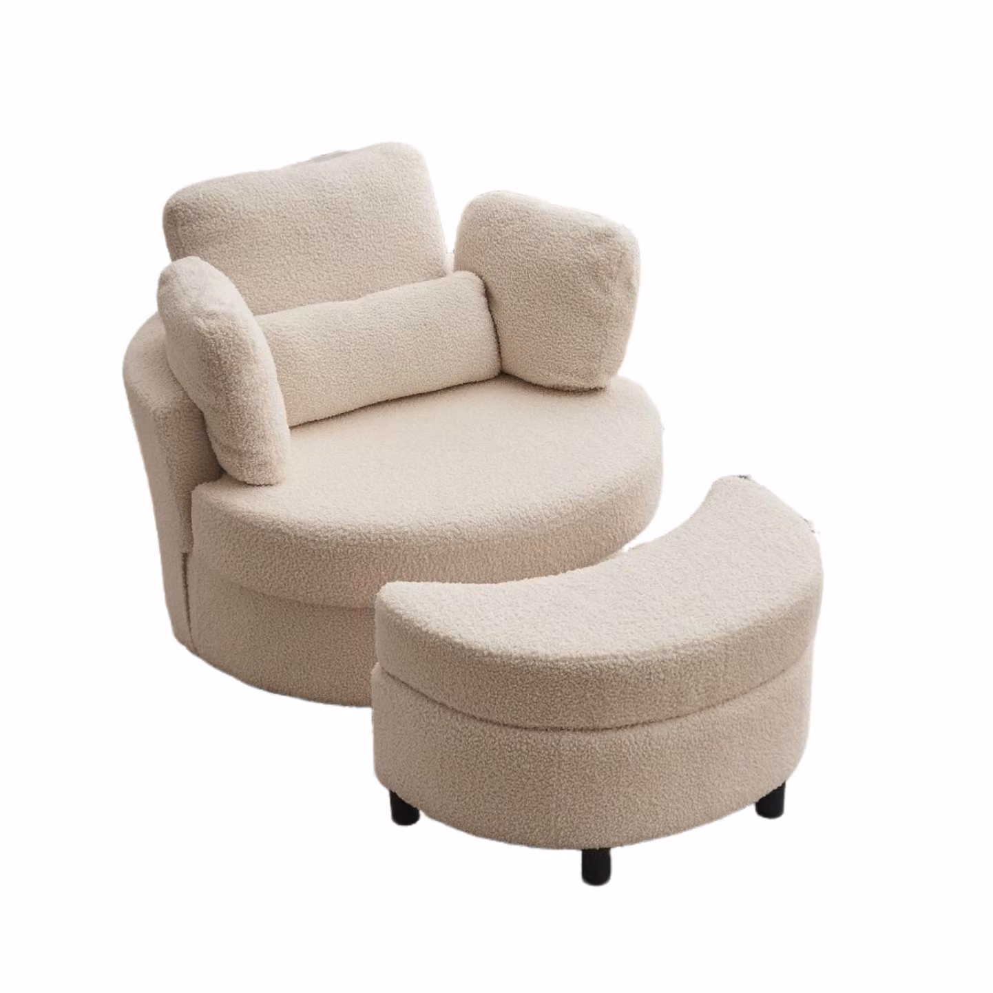 Aosom Teddy 360 Swivel Armchair Set with 3 Back Cushions and Crescent Ottoman Stool in White Boucle Fabric, W/D/H: 105 x 107 x 82 cm – 2