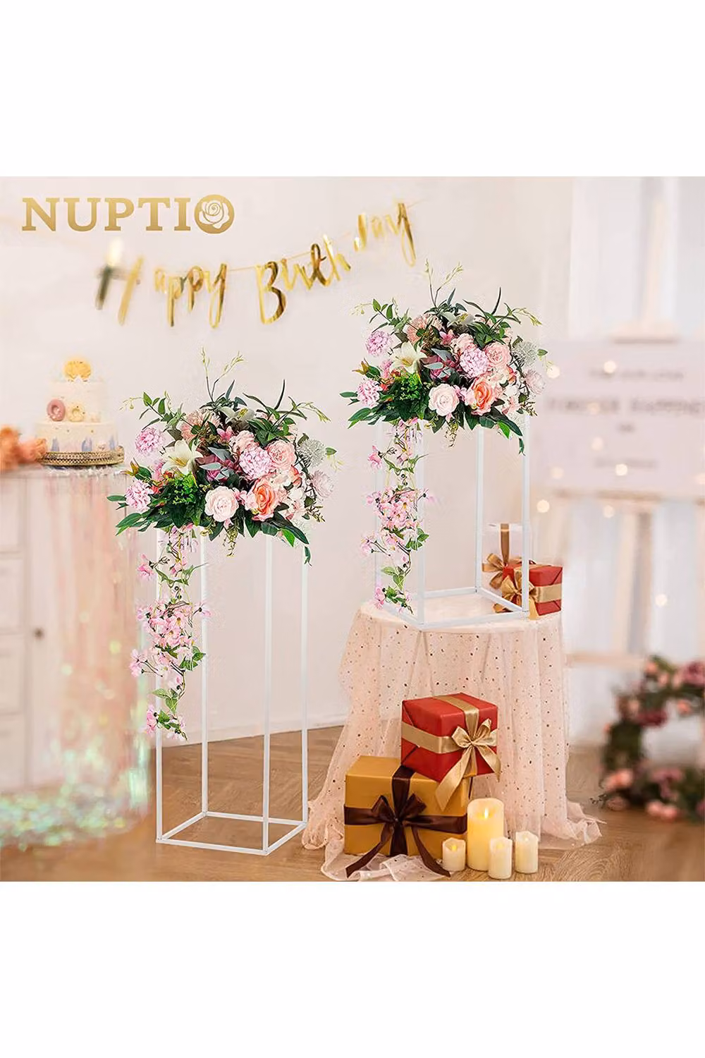 Living and Home White Metal Geometric Floral Display Stand, W/D/H: 30 x 30 x 100 cm – 2