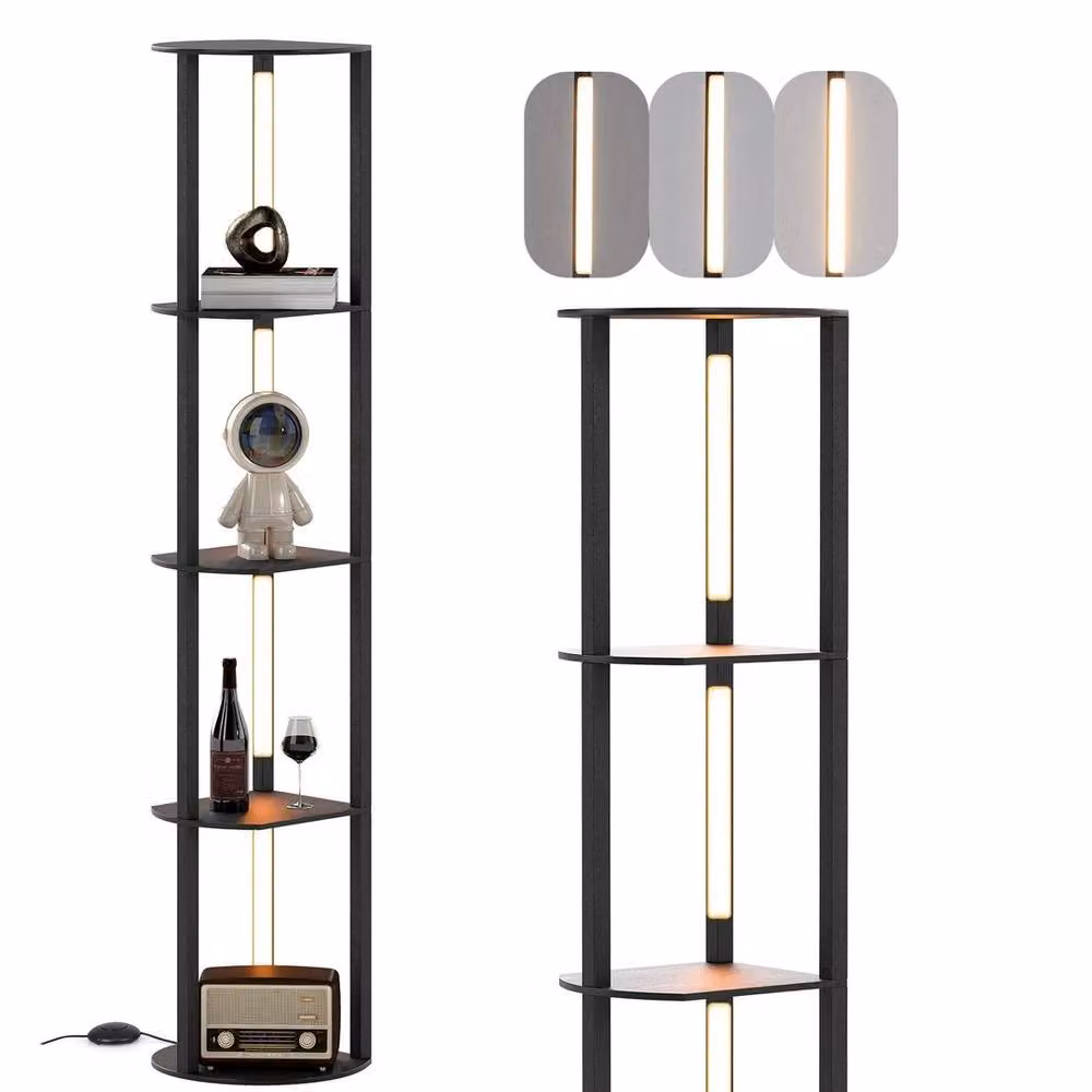 FORGEVIO Modern 4-Tier Wood Shelf Floor Lamp with LED in Black – 2
