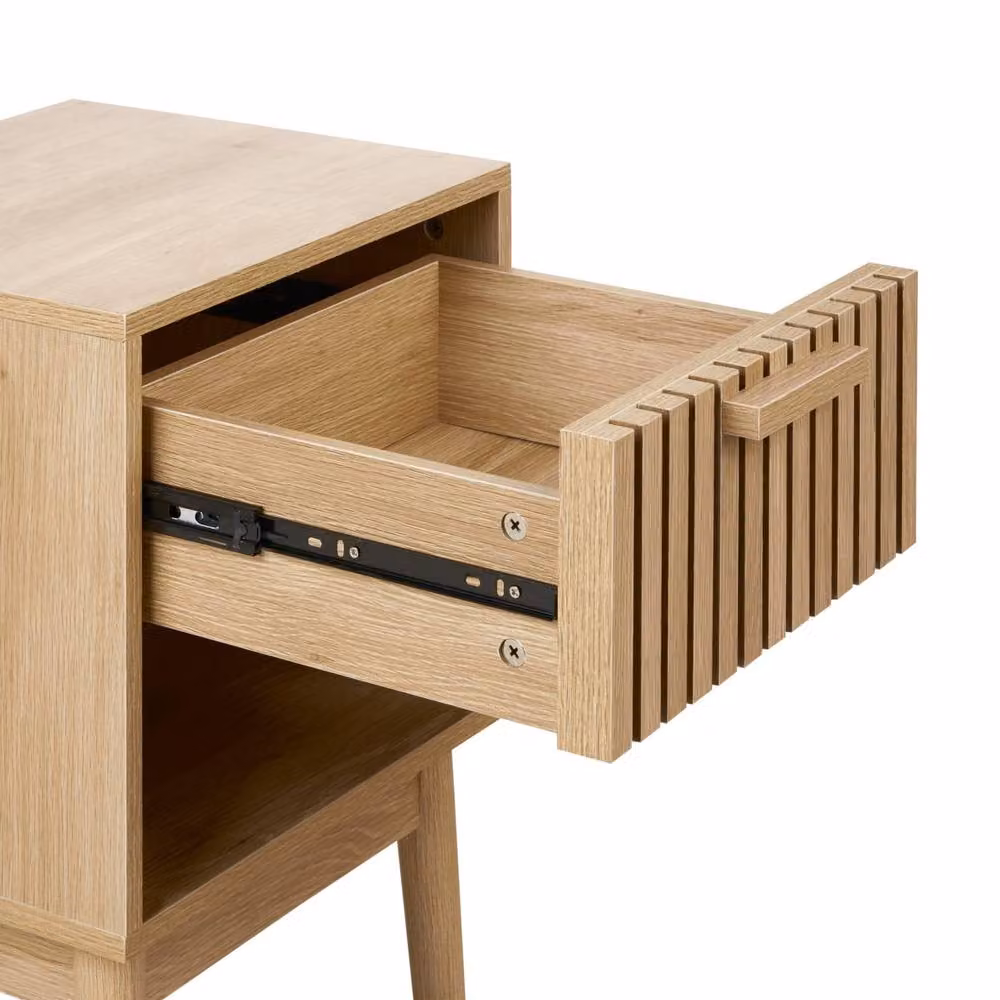Wyld and Coco Rustic Bedside Table in Light Brown MDF with Pine Legs, Drawer and Shelf – 5