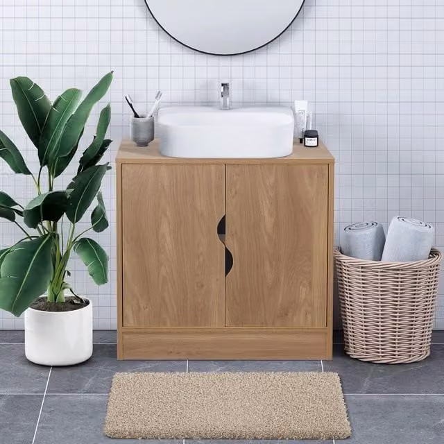 EONLION Flaminio Modern Partial Pedestal Bathroom Vanity with Storage Cabinet and Internal Shelves, Light Oak